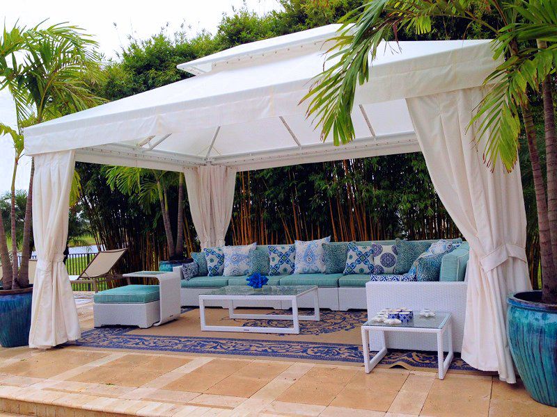 Cabanas – Resort Cabanas – Poolside Model – Custom Cabana with cupola drapes and post drapes (4b)